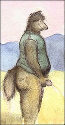 anthro ass bd belly canine canine clothed clothing holding_penis humanoid_penis low_res male mammal peeing penis slightly_chubby smile solo urine watermark