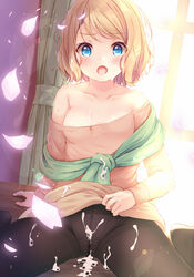 :o black_legwear blonde_hair blue_eyes blush breasts collarbone commentary_request cum cum_on_clothes curtains eyebrows_visible_through_hair female indoors komone_ushio looking_at_viewer medium_breasts off_shoulder original panties panties_under_pantyhose pantyhose short_hair solo sweat underwear window