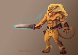 animal_genitalia anthro balls claws clothed clothing dampfloque digimon feline gradient_background holding_object holding_weapon leomon male male_only mammal melee_weapon mostly_nude muscular muscular_male open_mouth pubes sheath signature simple_background solo standing sword weapon