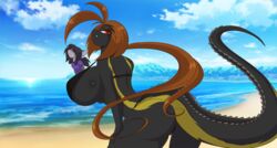 anthro beach bikini black_bikini black_scales breasts brown_hair dinosaur fang female grey_fur huge_breasts humanoid hybrid indoraptor jurassic_world long_hair looking_at_viewer mastergodai red_eyes reptile ripper_(jurassic_world) scalie shaze stripes voluptuous yellow_scales