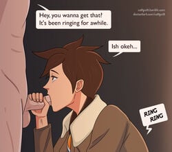 blizzard_entertainment breasts brown_hair cattpott cheating clothed_female_nude_male cum cum_in_mouth deviantart_username fellatio female handjob oral overwatch penis short_hair speech_bubble straight text tracer tumblr_username