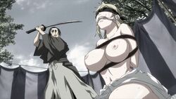 1boy animated animated areolae blindfold blonde_hair bondage bondage bound breasts female gag gagged hoods_entertainment kaede_(manyuu_hikenchou) kaneko_hiraku large_breasts manyuu_hikenchou nipples restrained rope scared sweat sword tears tied_up topless weapon