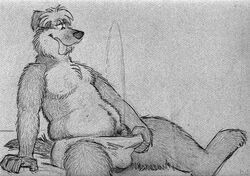 anthro bd belly bulge canine canine clothing fur half-closed_eyes male mammal monochrome mostly_nude navel open_mouth peeing pen_(artwork) pencil_(artwork) penis sitting slightly_chubby solo tongue tongue_out traditional_media_(artwork) underwear urine watersports