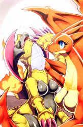 025aki 2023 2girls abstract_background anthro anthro_only big_breasts blue_eyes blush blush_lines breasts charizard claws closed_eyes dated dragon dragon_girl dragon_horns dragon_tail dragon_wings eyelashes featureless_breasts female female_only female_pokemon flame generation_1_pokemon generation_5_pokemon haxorus horns mega_charizard_y mega_evolution membranous_wings multicolored_body open_mouth orange_body pointy_breasts pokémon_(species) pokemon pokemon_(species) pokemon_bw signature sweat tongue wings worried_expression