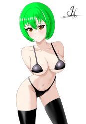 bikini black_bikini black_panties brown_eyes female green_hair hiding_object short_hair