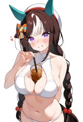 ai_generated animal_ears bubble_tea_challenge colorful_ribbon curly_hair female flat_cap hokko_tarumae_(umamusume) horse_girl idol purple_eyes twintails two_tone_hair umamusume umamusume_pretty_derby