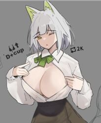 1girls alternate_breast_size animal_ears arknights bursting_breasts cat_ears catgirl female female_focus female_only green_eyes green_hair kal'tsit_(arknights) large_breasts light-skinned_female light_skin nuggetkouhai shirt shirt_open tagme