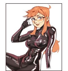 1girls abs adjusting_glasses big_breasts bodysuit colored_sketch freckles ginger glasses gray_eyes latex latex_suit light_skin long_hair muscular_female navel nipple_bulge no_bra no_panties original_character red_hair shiny_clothes sidelocks sineprin six_pack solo tight_clothing