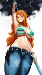 1girls arm_up bare_arms bare_shoulders belt big_breasts bikini blush bra castell clothed clothing color female female_focus female_only fit_female hi_res hourglass_figure human jeans large_breasts light-skinned_female light_skin lightning long_hair looking_at_viewer nami nami_(one_piece) one_piece orange_eyes orange_hair post-timeskip shounen_jump slim_waist solo solo_female storm striped_bikini tagme thick_thighs weapon wide_hips