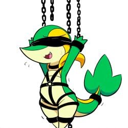 1:1 ai_generated anthro blindfold bodily_fluids bondage bondage bound chained chains cuff_(restraint) generation_5_pokemon green_body hellsonger hi_res nintendo open_mouth pokemon pokemon_(species) reptile restraints scalie shackles simple_background snivy solo submissive suspension sweat white_background