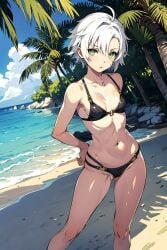 1female 1girls ai_generated beach belly belly_button bikini bikini_bottom bikini_top black_bikini breasts eiyuu_densetsu female female_only fie_claussell green_eyes looking_at_viewer palm_tree pose sand sen_no_kiseki short_hair silver_hair small_breasts solo stomach swimwear trails_of_cold_steel tree tummy water white_hair