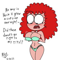 1girls 2022 4_fingers atomic_puppet big_breasts black_eyes blush bra curly_hair cute cyan_bra cyan_panties disney disney_xd female freckles glory_hole montatora-501 omegusmaximus panties red_hair rookie_officer_(atomic_puppet) struggling struggling_to_fit tagme