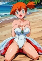 ai_generated aindroidparanoid ass beach big_breasts breasts busty cameltoe cleavage curvy fat_ass female female_only green_eyes hips huge_breasts jpeg kasumi_(pokemon) large_breasts narrow_waist nipples orange_hair pokemon pokemon_(species) pokemon_trainer posing red_hair sand slim_waist stable_diffusion swimsuit voluptuous