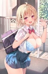 ahoge ass_visible_through_thighs blonde_hair blue_bra bra breasts_out cheerful gradient_eyes hairclip large_ass large_breasts lingerie original original_character purple_eyes school_bag school_uniform schoolgirl short_hair skirt smile sune_(mugendai) thick_thighs waving waving_at_viewer wide_hips