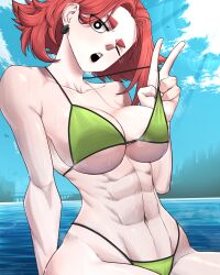 1girls beach big_breasts bikini bikini_bottom bikini_top breasts clothed clothed_female light-skinned_female light_skin limn044 looking_at_viewer muscular muscular_female oc original original_character peace_sign roxan_(limn044) thick_thighs water wink winking winking_at_viewer