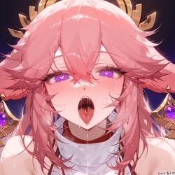 1girls ai_generated animal_ears bangs bare_shoulders blush clothed clothed_female female female_only fox_ears fox_girl genshin_impact kemonomimi looking_at_viewer mouth narrowed_eyes open_mouth pink_hair portrait presenting_mouth purple_eyes saliva saliva_drip saliva_on_tongue seductive seductive_look seductive_mouth solo solo_female tongue tongue_out yae_miko