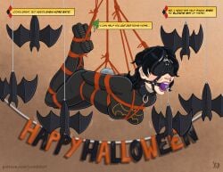 1girls ball_gag batgirl batman_(series) bats black_hair blindfold blindfolded bondage cassandra_cain dc dc_comics female fully_clothed gag gagged halloween harness_ball_gag harness_gag hogtie orphan_(dc) restrained suspension tagme tape taped_hands text yes_i_did