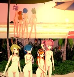 3d 3d_(artwork) 4girls beach female_only glitch_productions hortonryu human_meggy meggy_spletzer melony_(smg4) multiple_girls naked naked_female nude nude_female pussy saiko_bichitaru_(smg4) smg4 sunset tari_(smg4)