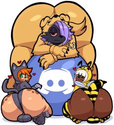 3boys anthro ass ass_bigger_than_head balls bee_costume big_ass big_butt brandy_(inuzu) bulge butt_bigger_than_head canid canine cat_costume costume curvy curvy_male discord_(app) discord_logo dog_costume dumptruck_ass feline femboy feminine_male gigantic_ass gigantic_butt green_eyes huge_ass huge_butt inuki_zu inuzu large_ass looking_at_viewer male_only orange_hair pink_eyes purple_hair rika_rose rika_rose_(inuzu) size_difference thick_thighs ursid voluptuous voluptuous_male white_hair wide_hips yellow_eyes