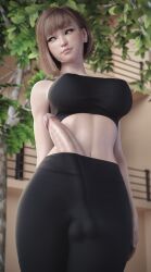 1futa 3d accidental_exposure big_breasts big_penis casual_erection casual_nudity futa_only futanari ineffective_clothing long_penis looking_away nana_(stevencarson) original outside short_hair solo stevencarson yoga_pants