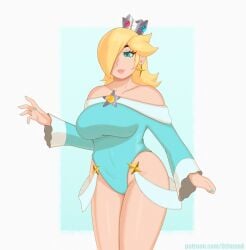 1girls big_lips blonde_hair blue_dress blue_eyes blush breast_focus breasts female female_focus female_only fully_clothed looking_to_the_side mario_(series) nintendo ozimand princess_rosalina simple_background solo standing star tight_clothing