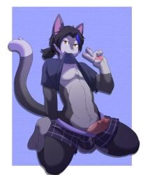 1boy black_hair blue_hair cat_ears cat_tail feline femboy furry furry_only girly highlights_(coloring) male male_only munkeesgomu pawpads penis_out piercing pinup shirt_in_mouth shirt_lift skirt solo solo_focus solo_male v wariza