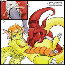 anus digimon dragon dragoness female fingering flammie genderswap guilmon multiple_girls pussy secret_of_mana seiken_densetsu tail tentacle white_background yuri