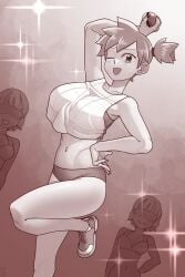 3girls ;d aged_up alternate_breast_size arm_up bare_shoulders bikini blush breasts buruma clothing collarbone crop_top ekz faceless_female female hand_on_own_hip holding holding_poke_ball huge_breasts kasumi_(pokemon) large_breasts leg_up looking_at_viewer midriff multiple_girls navel one_eye_closed open_mouth piercing poke_ball poke_ball_(basic) pokemon ponytail shirt shoes short_hair side_ponytail smile sneakers solo_focus sparkle standing standing_on_one_leg swimsuit tank_top