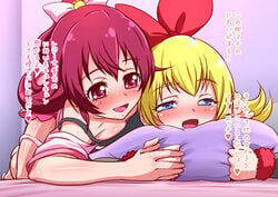 2girls :d aida_mana bed blonde_hair blue_eyes blush bow clothing couple cowgirl_position dokidoki!_precure female hand_holding japanese_text katou_techu lying lying_on_person multiple_girls on_stomach open_mouth panties panty_pull pillow pillow_hug pink_eyes pink_hair precure pretty_cure pussy_juice regina_(dokidoki!_precure) saliva small_breasts smile tear text translated underwear yuri