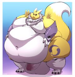 absurd_res anthro bandai_namco belly big_belly canid canine digimon digimon_(species) fox heftyotter hi_res male male_only mammal moobs morbidly_obese morbidly_obese_anthro morbidly_obese_male obese obese_anthro obese_male overweight overweight_anthro overweight_male renamon solo solo_focus thick_thighs