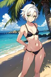 1female 1girls ai_generated beach belly belly_button bikini bikini_bottom bikini_top black_bikini breasts eiyuu_densetsu female female_only fie_claussell green_eyes looking_at_viewer palm_tree pose sand sen_no_kiseki short_hair silver_hair small_breasts solo stomach swimwear trails_of_cold_steel tree tummy water white_hair