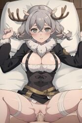 1boy 1girls 2d ai_generated amber_eyes antlers big_breasts blush braid braided_hair breasts cleavage clothed clothed_sex clothing corset cum cum_drip cum_in_pussy cum_inside cumshot detached_sleeves duo ejaculation female fur_collar gray_hair half-dressed half_naked horn horns legs_apart light-skinned_female light-skinned_male light_skin looking_at_viewer male/female male_penetrating male_penetrating_female male_pov mature_female medium_hair mementomori_(game) missionary missionary_position no_panties nopemope26 on_back penetration penis penis_out plump pov pussy pussy_ejaculation pussy_juice sex thick_thighs thighs tropon twin_braids uncensored vagina vaginal_insertion vaginal_penetration vaginal_sex video_games wet wet_pussy