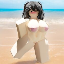 1girls 3d 3d_(artwork) :3 arms_behind_head beach black_hair blush breasts completely_nude cute female female_only hands_behind_back huge_breasts looking_at_viewer medium_hair naked naked_female nude nude_female public public_nudity render roblox robloxian seaside solo solo_female standing standing_on_one_leg tagme tagme_(artist)