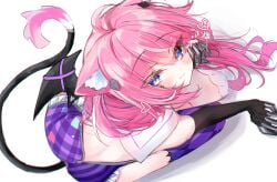 :3 ahoge animal_ear_fluff animal_ears bangs black_gloves black_wings blue_eyes blush breasts camila_(vtuber) cat_ears cat_girl cat_tail closed_mouth demon_wings elbow_gloves female frilled_skirt frills gloves heart indie_virtual_youtuber long_hair looking_at_viewer lying marking_below_eyes medium_breasts on_stomach pink_hair purple_skirt simple_background skirt smile solo succubus tail virtual_youtuber white_background wings