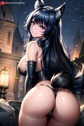 ai_generated animal_ear_fluff animal_ears ass back bangs bare_shoulders black_gloves black_hair black_panties blush breasts closed_mouth delta_(kage_no_jitsuryokusha_ni_naritakute!) delta_(the_eminence_in_shadow) edosynf elbow_gloves female fox_ears fox_tail from_behind gloves highres kage_no_jitsuryokusha_ni_naritakute! large_breasts long_hair looking_at_viewer looking_back night night_sky outdoors panties purple_eyes sky smile solo tail the_eminence_in_shadow thighs thong underwear wolf_tail