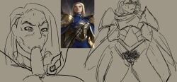 armor fellatio hairy_pussy legends_of_runeterra looking_away milf ripped_clothing sketch tianna_crownguard