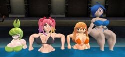 3d 3d_(artwork) 4girls big_breasts bikini female_only glitch_productions human_meggy meggy_spletzer melony_(smg4) multiple_girls pool relaxing saiko_bichitaru_(smg4) smg4 swimming_pool tari_(smg4) thunder_thighs