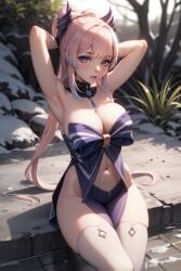 1girls ai_generated blush breasts dress female female_only genshin_impact hair_ornament kirill782 long_hair medium_breasts multicolored_hair navel pink_hair purple_eyes sangonomiya_kokomi sitting solo stable_diffusion stockings