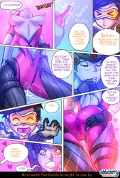 2024 ass ass_grab ass_spread blue_skin blush blush_lines cameltoe comic comic_page cosplay dripping_pussy ebluberry english_text overwatch overwatch_2 purple_hair purple_skin pussy pussy_juice pussy_juice_drip short_hair sweat sweating tracer tracer_(cosplay) widowmaker widowmaker_(cosplay)