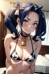 1girls ai_generated artist_request blue_eyes blue_hair cow_bikini cowbell female female_only hair_ornament human melty_q_melromarc small_breasts solo stable_diffusion tate_no_yuusha_no_nariagari twintails