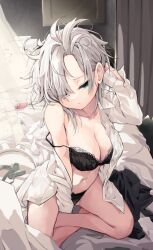 black_bra black_panties blue_eyes bra breasts cleavage closed_mouth commentary_request female full_body grey_hair hira-san indoors izayoi_sakuya looking_at_viewer medium_breasts messy_hair navel on_bed open_clothes open_shirt panties shirt short_hair solo touhou underwear waking_up white_shirt