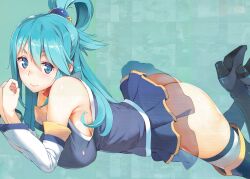 1girls ai_generated aqua_(konosuba) ass big_breasts blue_eyes blue_hair blue_skirt blue_vest detached_sleeves edit female female_only gradient_background hair_between_eyes hair_ornament kono_subarashii_sekai_ni_shukufuku_wo! looking_at_viewer no_panties on_stomach smile solo stable_diffusion thighhigh_boots thighhighs