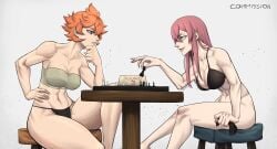 2girls bandages bandages_around_breasts bandages_around_chest big_breasts black_clover bra breasts chess chess_piece clothed clothed_female limn044 mereoleona_vermillion multiple_girls muscular muscular_female panties panties_removed princia_funnybunny thick_thighs underwear underwear_only