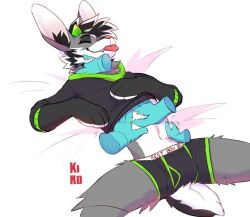 1boy 1furry anthro anthro_male bulge closed_eyes disembodied_hand fang fenneckiro mammal minikane on_back petting rabbit rabbit_boy rubbing rubbing_belly smile sweater sweater_lift tongue underwear