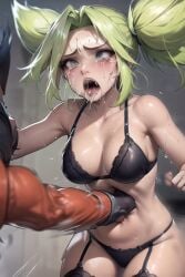 ai_generated belly_punch crying_with_eyes_open green_hair league_of_legends league_of_legends:_wild_rift lingerie pixai ryona stable_diffusion violence zeri_(league_of_legends)