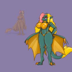 absurd_res anthro big_breasts bikini_tan blonde_hair breasts bronze_scales chimeratechspyro dragon female female_anthro hair hi_res highlights_(coloring) hip_wings long_legs metallic_dragon_(dnd) model_sheet nipples puffy_nipples raptor_claws red_eyes suntan tan_line thick_thighs