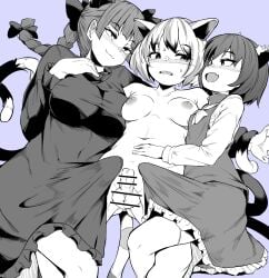 2_tails 3futas animal_ear_fluff animal_ears areolae balls blush bow breasts breasts_apart bulge cat_ears cat_tail censored chen clothed clothed_female_nude_female clothing color_background dickgirl dress erect_nipples_under_clothes erection erection_under_clothes flat_chest fully_clothed futa_on_futa futa_only futanari goutokuji_mike group_sex highres humanoid humanoid_penis juliet_sleeves kaenbyou_rin kemonomimi large_breasts large_penis long_sleeves makin_tama medium_breasts multi_tail multiple_girls nipples nude oerba_yun_fang on_back penis penis_size_difference pointless_censoring puffy_sleeves ribbon rin_kaenbyou short_hair skin_fang skirt small_breasts small_penis sweatdrop tail tenting testicles thighhighs threesome touhou twintails