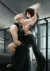 1boy black_hair blonde_hair blue_eyes blush breast_sucking breasts carrying carrying_person clothes_lift cloud_strife couple earrings female final_fantasy final_fantasy_vii final_fantasy_vii_advent_children final_fantasy_vii_remake highres jewelry large_breasts long_hair nipples red_eyes shirt_lift short_hair solo_focus spiked_hair spykeee straight tifa_lockhart topless undressing