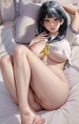 1girls ai_generated barefoot black_hair blue_eyes female kirigaya_suguha large_breasts looking_at_viewer pussy pussy_peek solo sword_art_online thighs vagina yiqiang