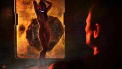 1boy 1boys 1girls 3d 3d_(artwork) 3d_model asteroid barefoot black_hair cgi clothed_male_nude_female dancer dancing dark_hair female glowing_collar greta_heron hand_on_head hands_on_head long_hair looking_at_another looking_at_partner male nude_dancing nude_female nude_female_clothed_male sex_slave slave slave_collar slavegirl space spacecraft spaceship thin_female